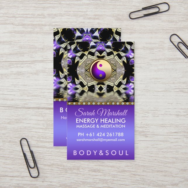 Purple Gold Reflection Mandala Holistic Healing Business Card (Front/Back In Situ)