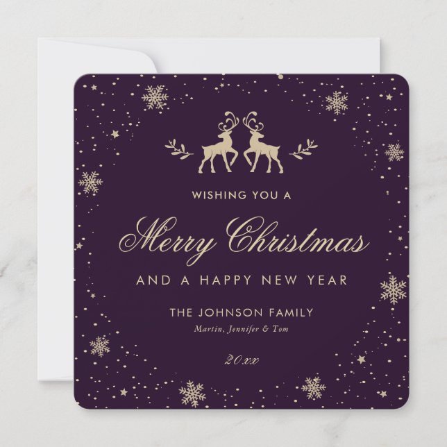 Purple Gold Reindeer Snow Christmas New Year Card (Front)