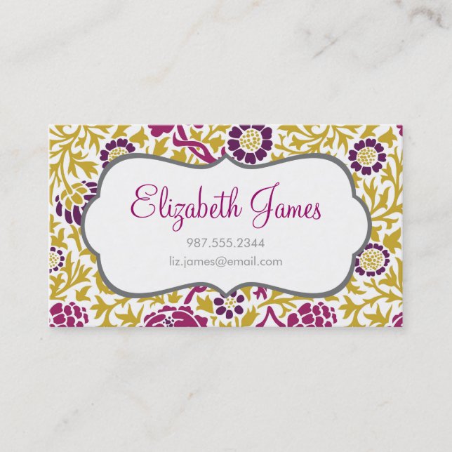 Purple & Gold Retro Floral Damask Business Card (Front)