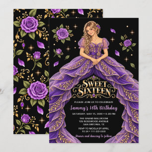 Purple Gold Rose Sweet Sixteen Birthday Invitation