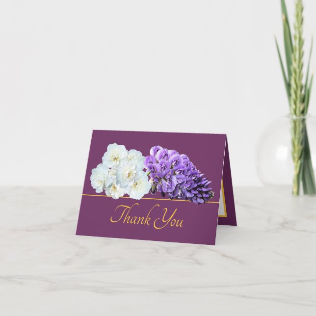 Purple Gold Rose Wisteria Flower Bouquet Thank You Card (Front)