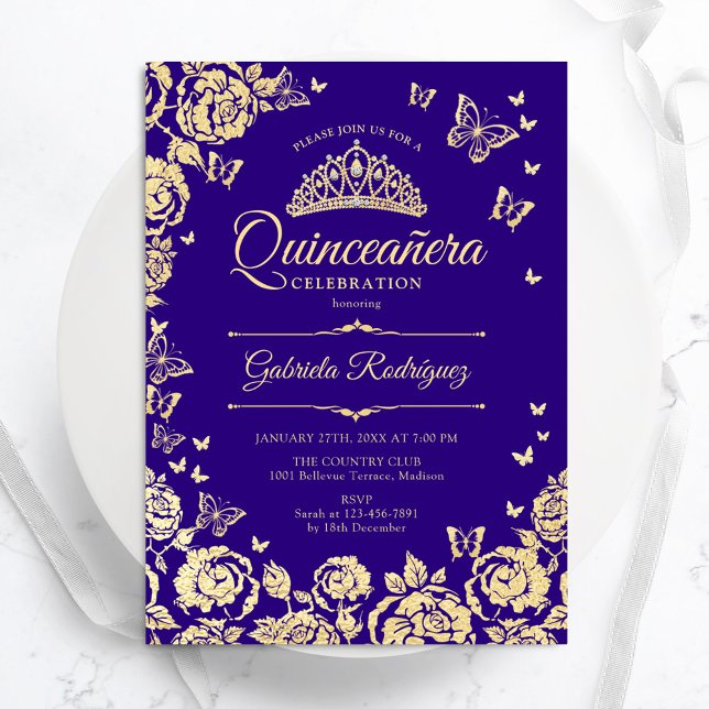 Purple Gold Roses Butterflies Quinceanera Invitation (Creator Uploaded)