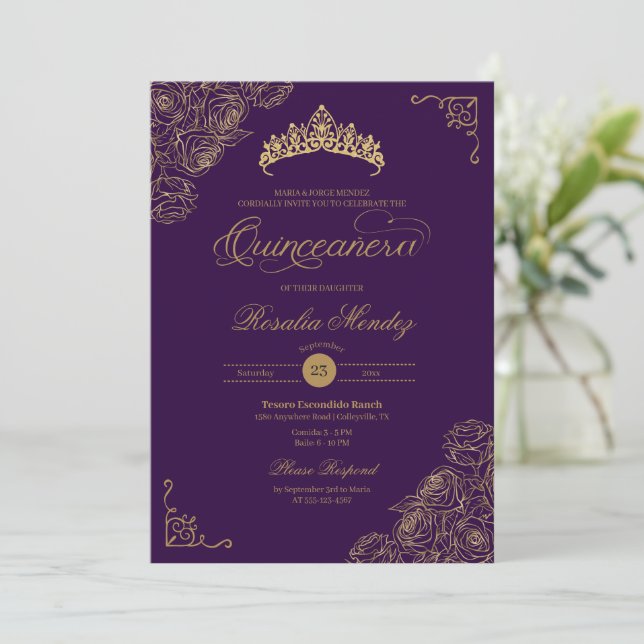 Purple & Gold Roses Elegant Quinceañera  Invitation (Standing Front)