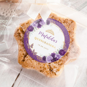 Purple Gold Roses Quinceanera Birthday Favours Classic Round Sticker