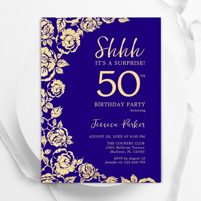 Purple Gold Roses Surprise 50th Birthday Invitation (Creator Uploaded)