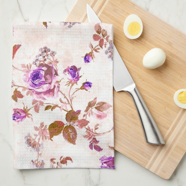 Purple Gold Roses Tea Towel (Quarter Fold)