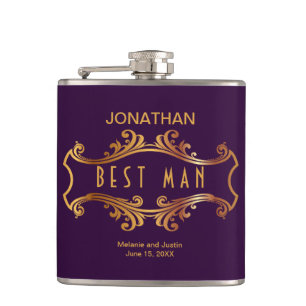 Purple Gold Royal Crest Frame Best Man Favour Hip Flask