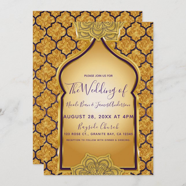 Purple Gold Royal Indian Arabian Theme Wedding Invitation (Front/Back)