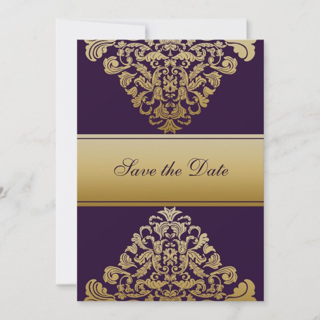 Purple Gold Royal Ornate baroque Elegant Save The Date (Front)