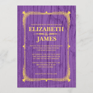 Purple & Gold Rustic Barn Wood Wedding Invitations