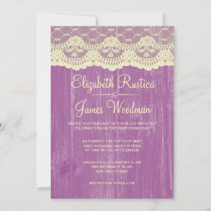 Purple Gold Rustic Lace Wood Wedding Invitations