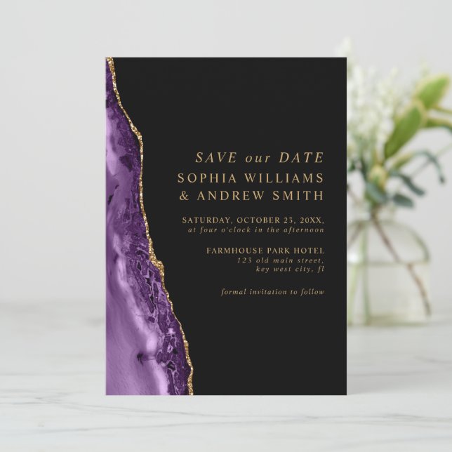 Purple & Gold Save the Date Invitation (Standing Front)