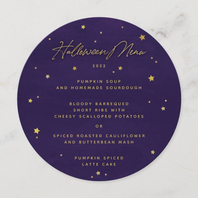 Purple/Gold Scattered Stars Square/Round Halloween Menu (Front)