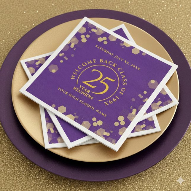 Purple & Gold School College Class Reunion Napkin (Elegant 25-Year Class Reunion Purple & Gold Glitter Napkins Cover Photo)