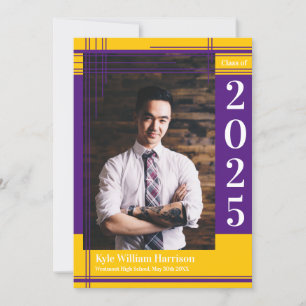 Purple Gold School Colour Graduation Photo Plaid Invitation