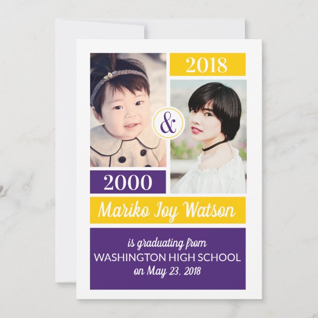 Purple Gold School Colours Then and Now Graduation Invitation (Front)