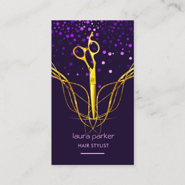 Purple Gold Scissor Hair Stylist Professional  Business Card (Front)