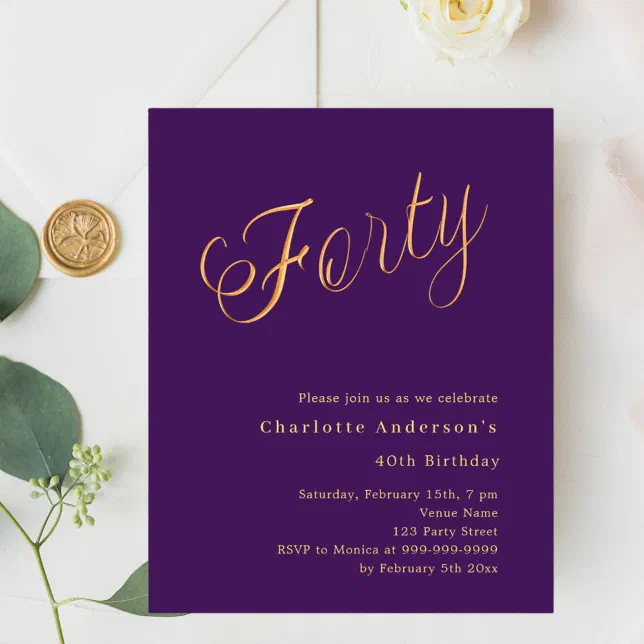Purple gold script 40th birthday invitation | Zazzle