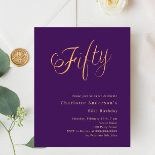 Purple gold script 50th birthday invitation
