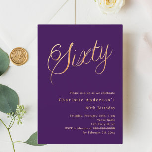 Purple gold script 60th birthday invitation