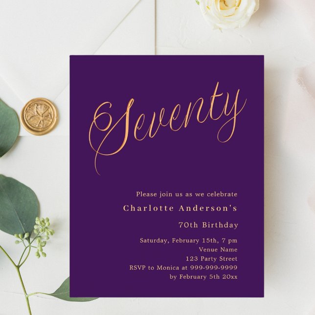 Purple gold script 70th birthday invitation (Creator Uploaded)