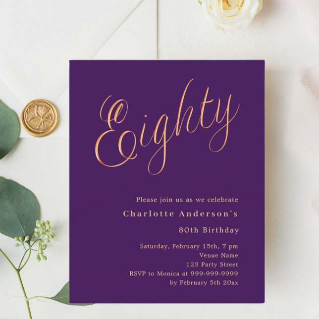 Purple gold script 80th birthday invitation (Creator Uploaded)