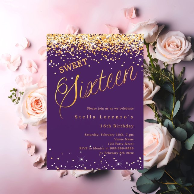 Purple gold script elegant Sweet 16 Invitation (Creator Uploaded)