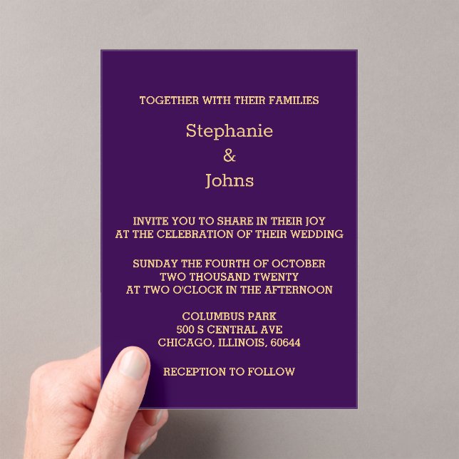 Purple Gold Script Golden Modern Cool Wedding Acrylic Invitations (Insitu (Handheld))