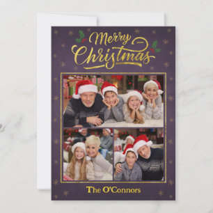 Purple Gold Script Merry Christmas Photo Card