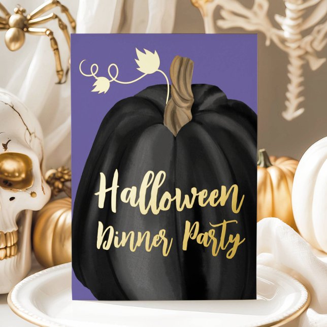 Purple Gold Script Pumpkin Halloween Dinner Party (Purple Gold Script Pumpkin Halloween Dinner Party Foil Invitation)
