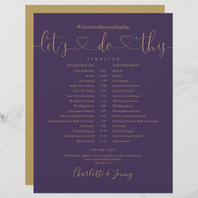 Purple Gold Script Wedding Schedule Timeline (Front/Back)