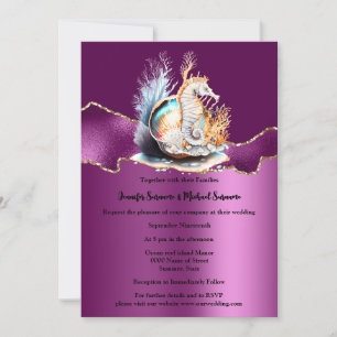 Purple gold seahorse shimmer seashell coral ocean invitation