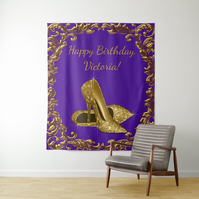 Purple Gold Shoe Birthday Party L Backdrop Tapestry (In Situ)