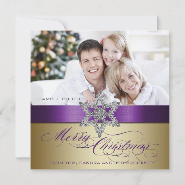 Purple Gold Silver Merry Christmas Greeting Holiday Card (Front)