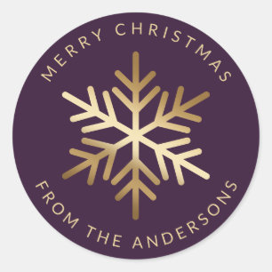 Purple Gold Snowflake Family Merry Christmas Classic Round Sticker