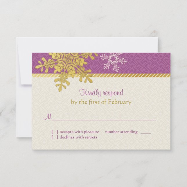 Purple Gold Snowflake Winter Wedding Reply Card (Front)