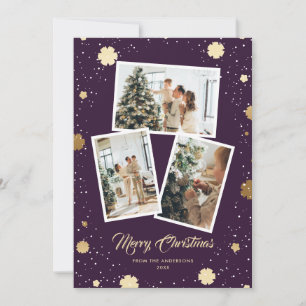 Purple Gold Snowflakes Photo Christmas Holiday Card