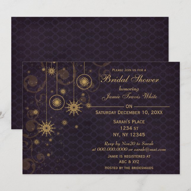 purple gold Snowflakes Winter Bridal Shower Invite (Front/Back)