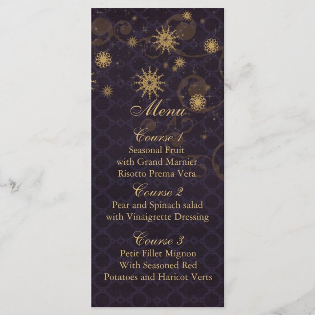 purple gold Snowflakes Winter wedding menu cards (Front)