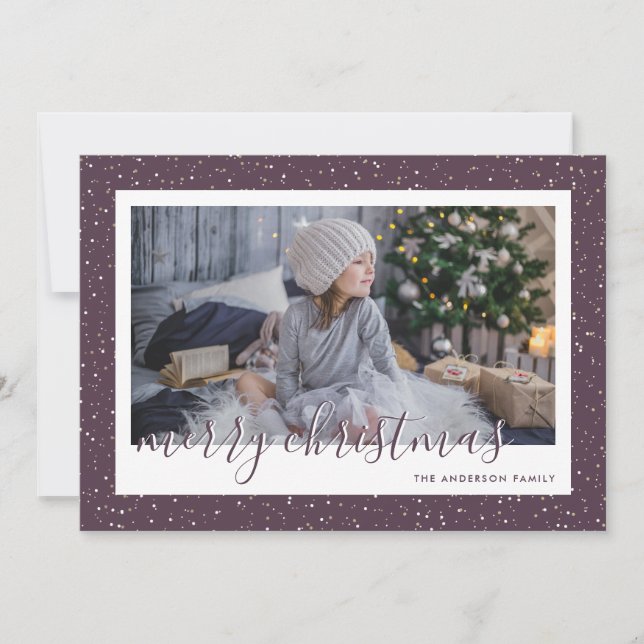 Purple Gold Snowy Photo Merry Christmas Cards (Front)