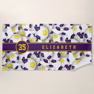 Purple gold soccer balls sports team colours beach towel