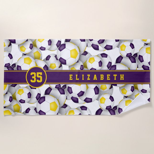 Purple gold soccer balls sports team colours beach towel (Front)