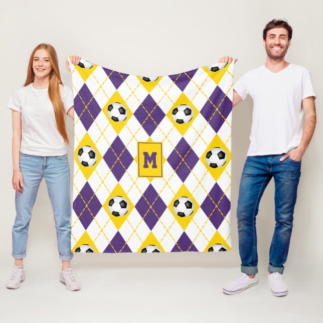 purple gold soccer team colours argyle pattern fleece blanket (In Situ)