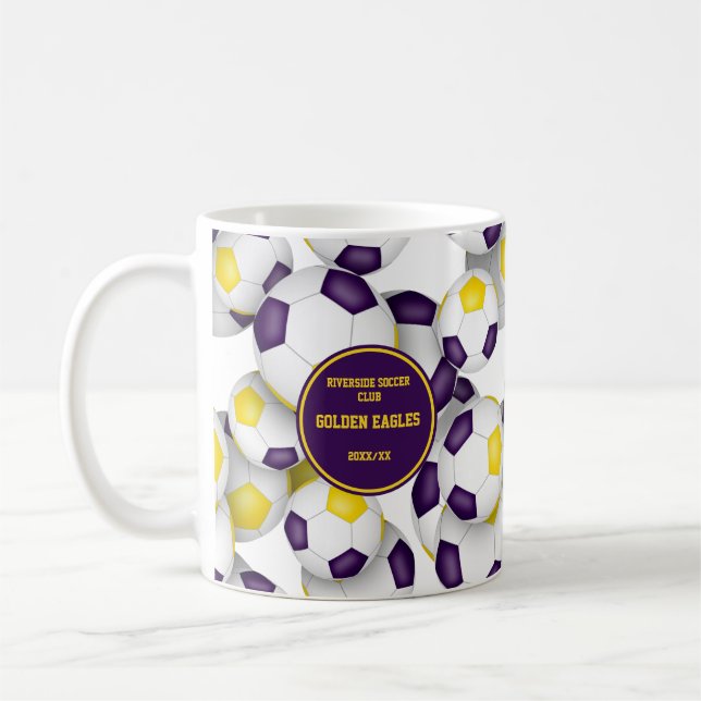 Purple gold soccer team colours coach name coffee mug (Left)