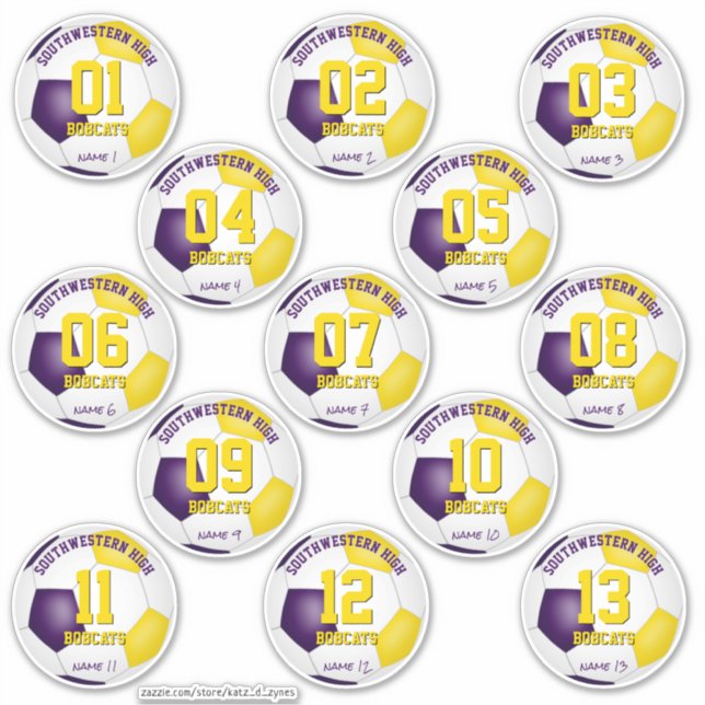 purple gold soccer team colours gifts set of 13 (Front)