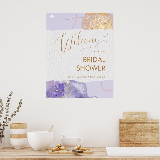 Purple Gold Space Watercolor Bridal Shower Welcome Poster (Kitchen)