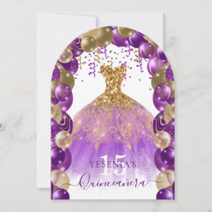 Purple Gold Sparkle Dress Quinceañera Balloon Arch Invitation