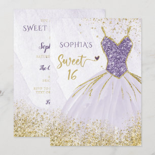 Purple Gold Sparkle Dress Sweet 16 birthday Invitation