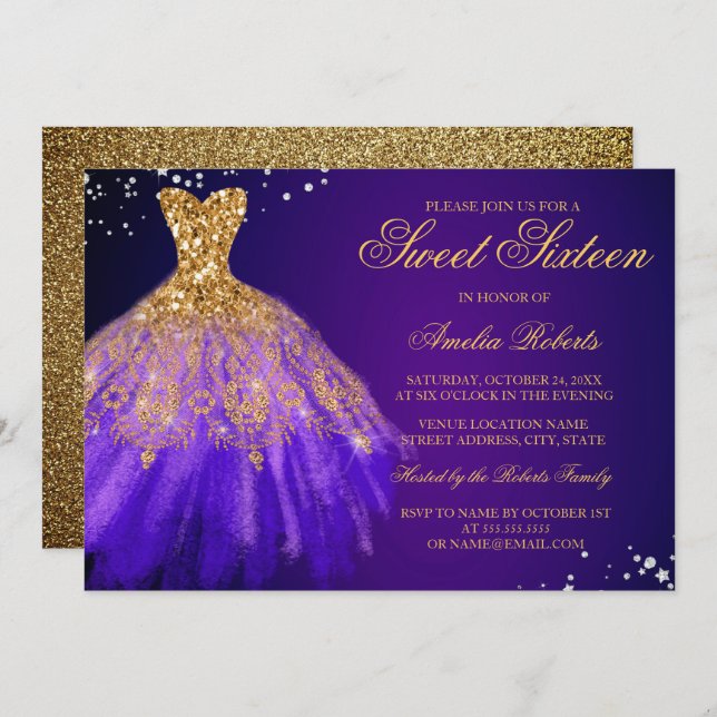 Purple Gold Sparkle Dress Sweet Sixteen Invitation (Front/Back)