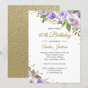 Purple Gold Sparkle Floral 40th Birthday Invite